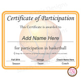 Basketball Certificate of Participation (Editable PDF) - Max & Otis Designs