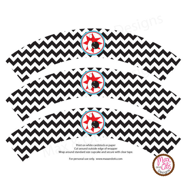 Printable Cupcake Wrappers - Bowling Party (Black & White) - Max & Otis Designs