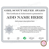 Girl Scout Cadette Printable Silver Award Certificate (editable PDF) - Max & Otis Designs