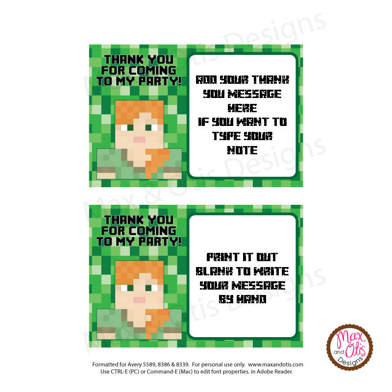 Printable Thank You Card - Minecraft Alex (editable PDF) – Max &amp; Otis ...