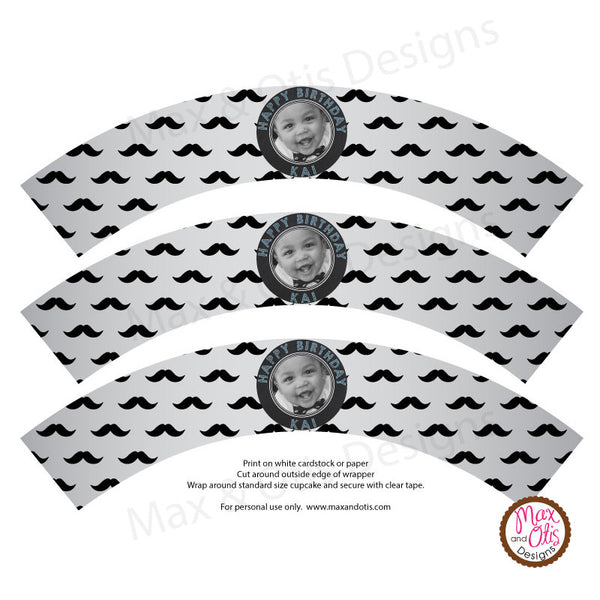 Printable Cupcake Wrappers - Photo Wrapper Mustache - Max & Otis Designs
