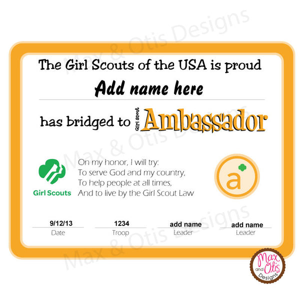 Girl Scout Ambassador Printable Bridging Certificate (editable PDF) - Max & Otis Designs