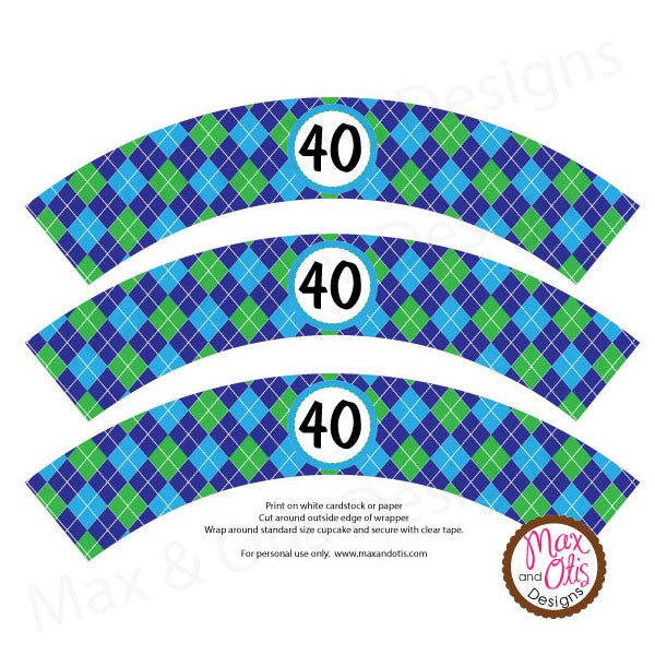Printable Cupcake Wrappers - Blue Argyle (editable PDF) - Max & Otis Designs