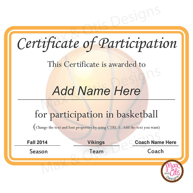 Basketball Certificate of Participation (Editable PDF) – Max & Otis Designs for Free Printable Certificates For Basketball