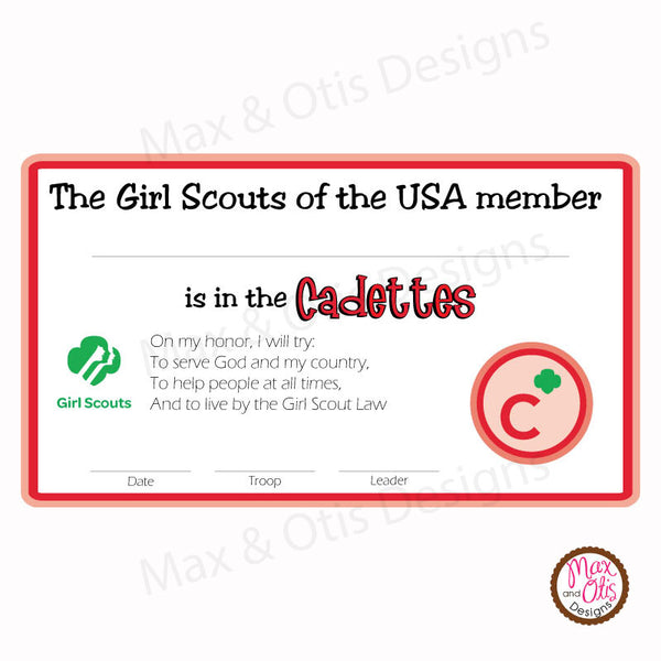 Girl Scout Cadette Printable Membership Cards (editable PDF) - Max & Otis Designs