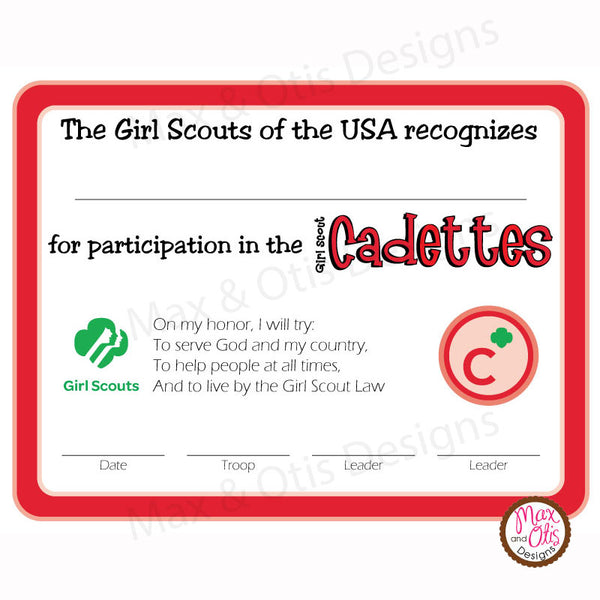 Girl Scout Cadette Printable Participation Certificate (editable PDF) - Max & Otis Designs