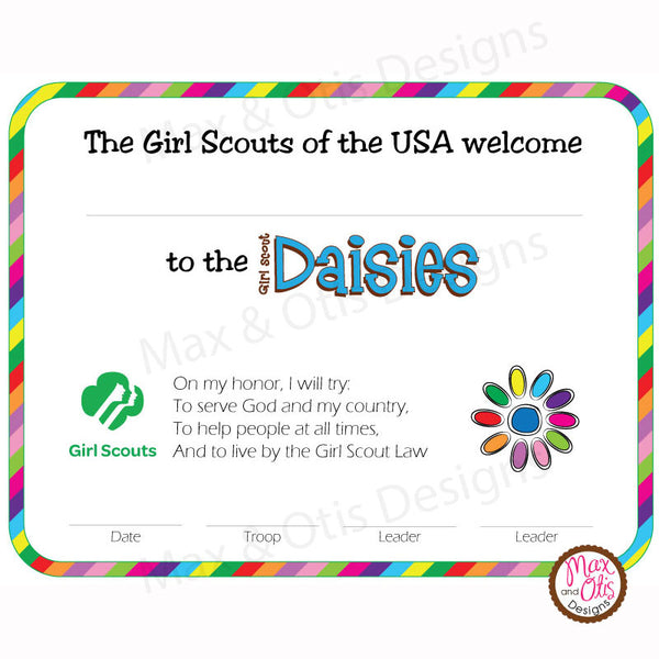 Girl Scout Daisy Printable Investiture Certificate (editable PDF) - Max & Otis Designs