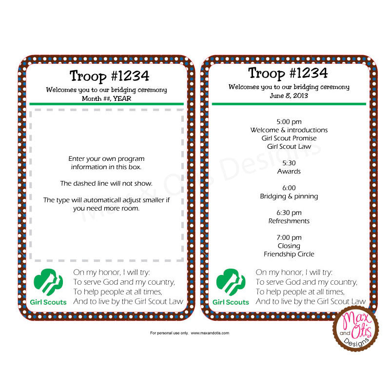 Scouting Editable Program Girl Scout Brownie Bridging Program (editable PDF) β Max & Otis Designs