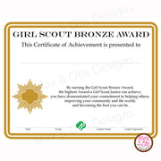 Girl Scout Junior Printable Bronze Award Certificate (editable PDF)