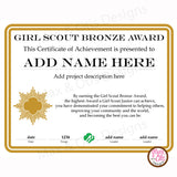 Girl Scout Junior Printable Bronze Award Certificate (editable PDF) - Max & Otis Designs
