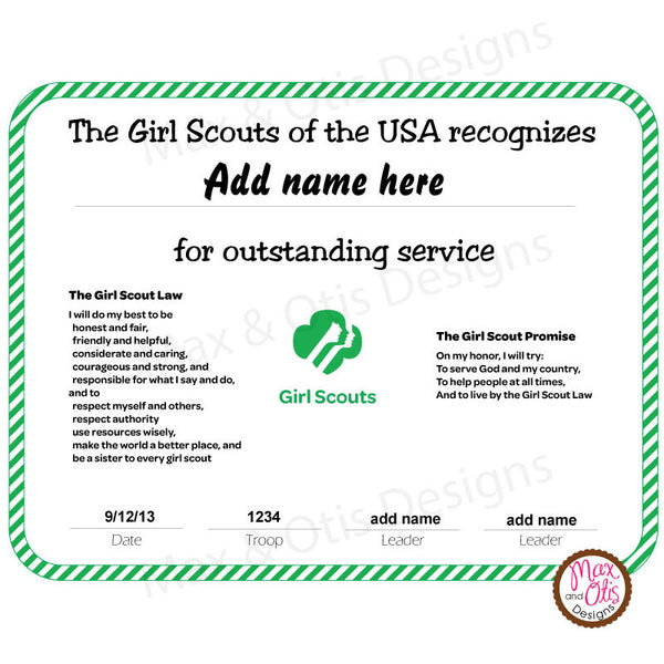 Girl Scout Printable Certificate (editable PDF) - Max & Otis Designs