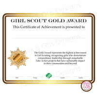 Girl Scout Printable Gold Award Certificate (editable PDF) - Max & Otis Designs