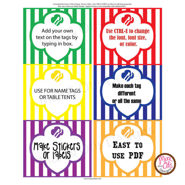 Girl Scout Printable Rectangle Tags - Rainbow (editable PDF) - Max & Otis Designs