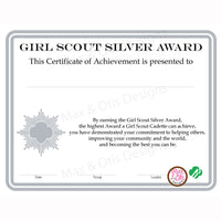 Girl Scout Cadette Printable Silver Award Certificate (editable PDF) - Max & Otis Designs