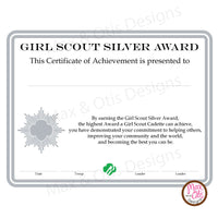 Girl Scout Cadette Printable Silver Award Certificate (editable PDF) - Max & Otis Designs