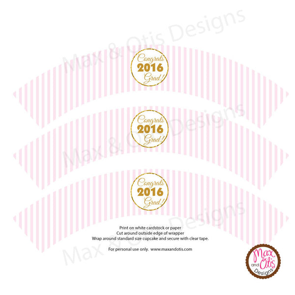 Printable Cupcake Wrappers - Graduation Pink White Stripe (editable PDF) - Max & Otis Designs