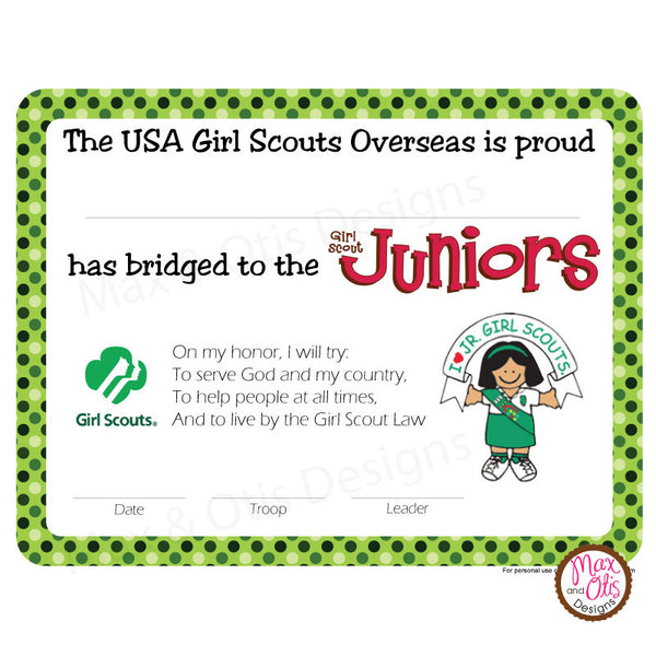 Girl Scout Junior Printable Bridging Certificate Overseas (editable PDF) - Max & Otis Designs
