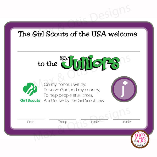 Girl Scout Junior Printable Investiture Certificate (editable PDF) - Max & Otis Designs