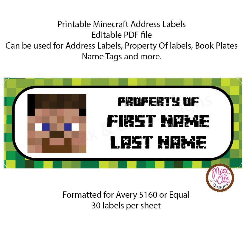Printable Return Address Labels - Minecraft Steve – Max & Otis Designs