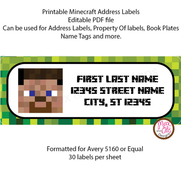 Printable Address Labels - Minecraft Steve - Max & Otis Designs