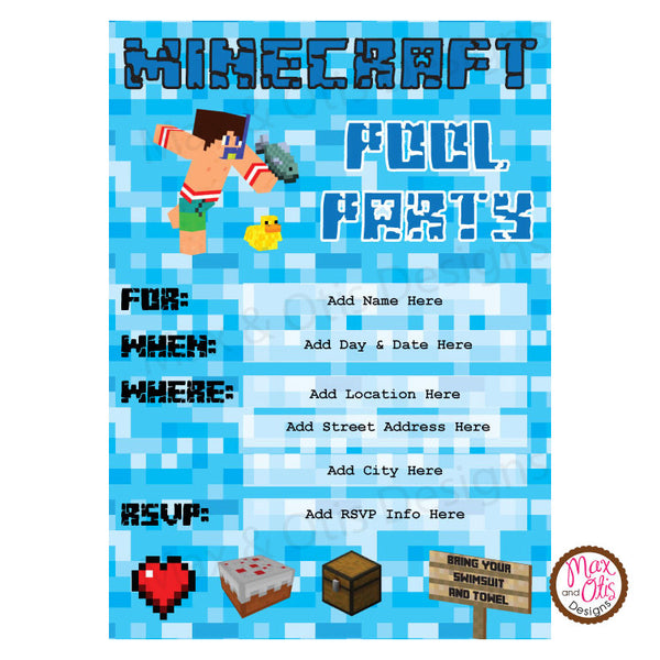 Minecraft Pool Party Invitation (editable PDF) - Max & Otis Designs