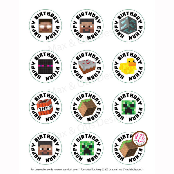 Printable 2" Tags & Labels - Custom Minecraft Birthday Tags - Ethan - Max & Otis Designs