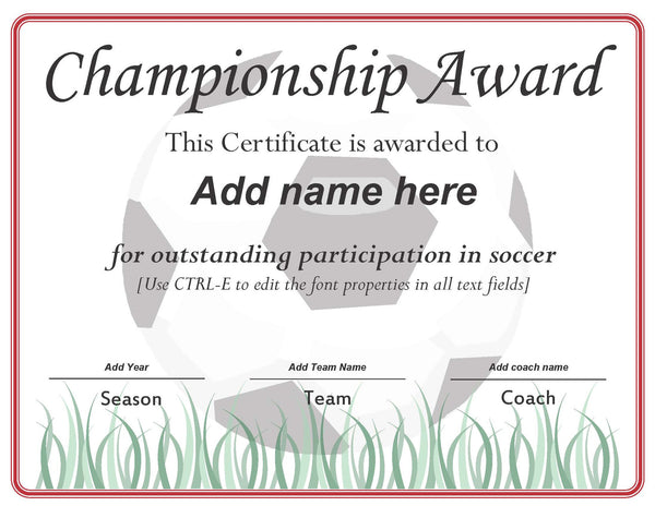 Soccer Championship Award (Editable PDF) - Max & Otis Designs